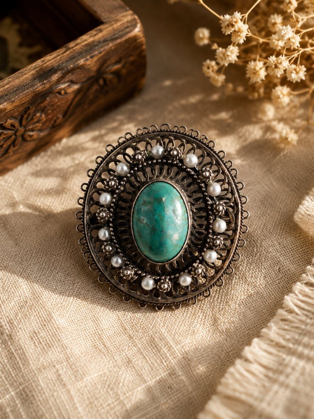 Vintage Israeli Sterling Silver Eilat Stone Pearl Filigree Brooch Pendant 925